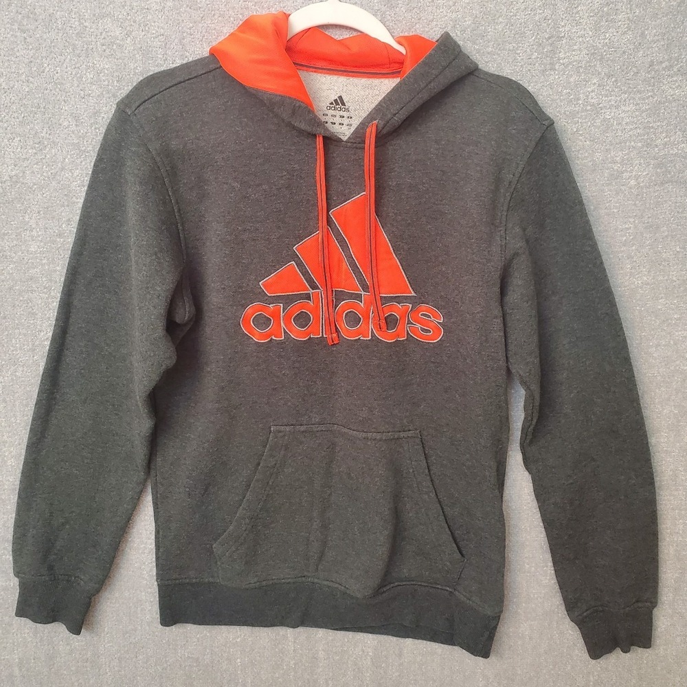 ADIDAS Spellout STITCHED‎ 3 STRIPE Orange Gray Hooded Sweatshirt MEN'S Small